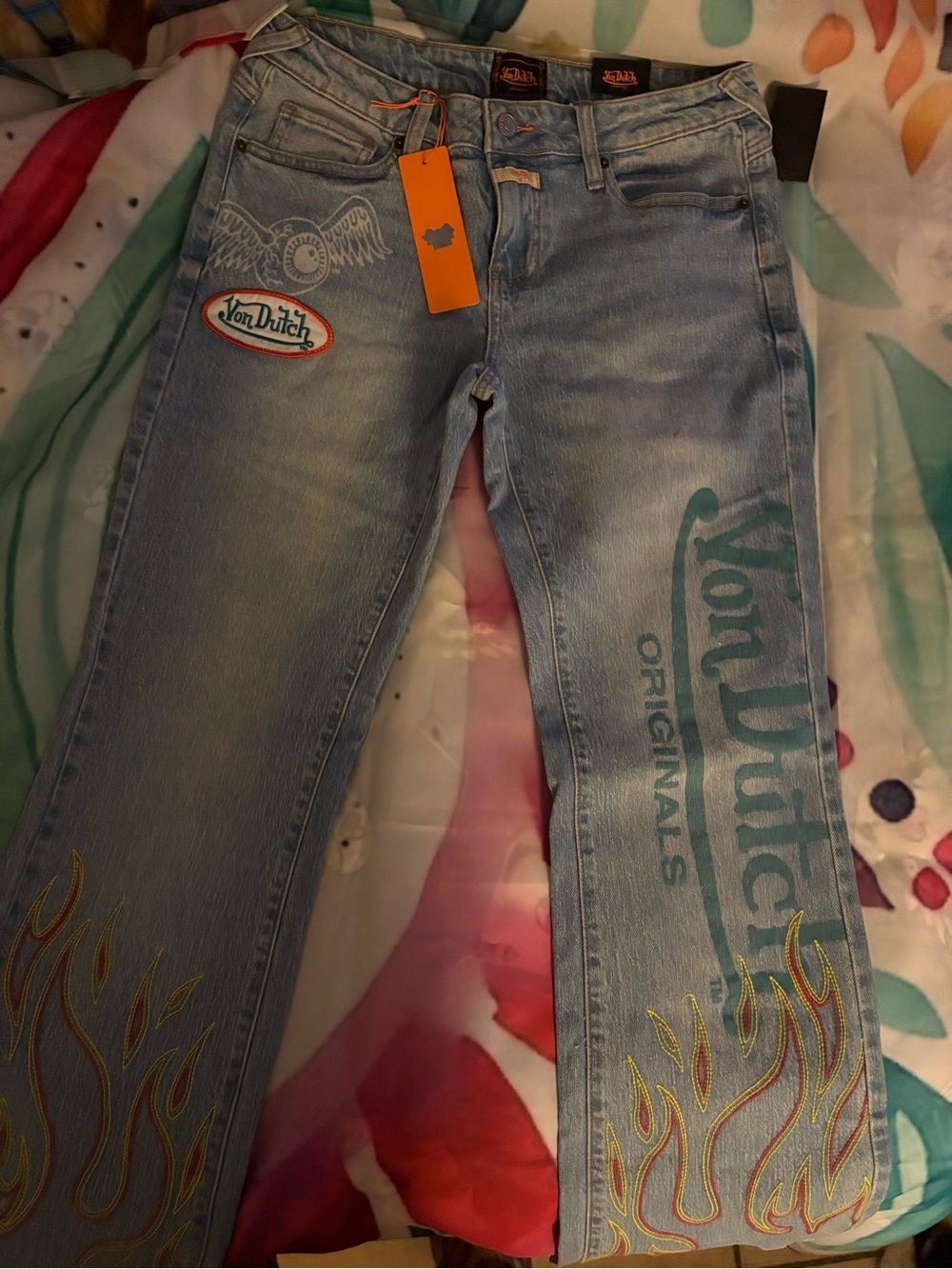 Von Dutch Light Blue Embroidered Bootcut Jeans with Flame Graphics